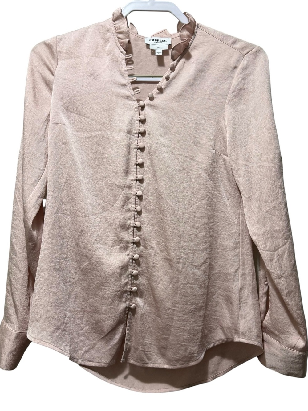 Express Blush Pink Button-Front Ruffle Collar Blouse